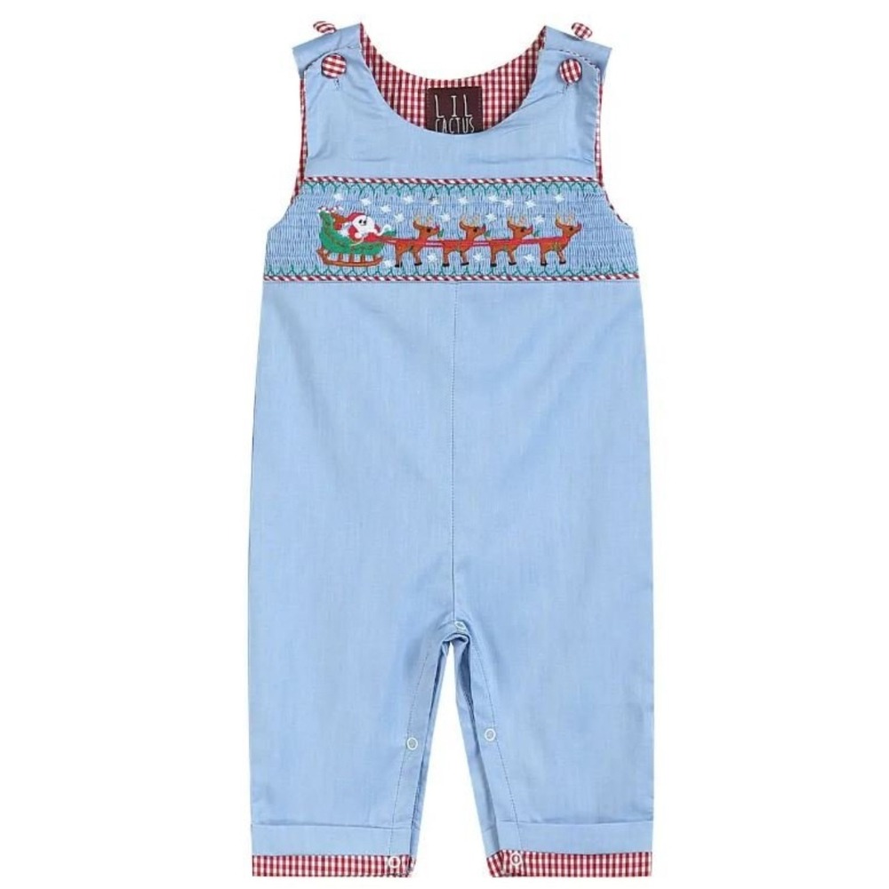 LiL Cactus Light Blue Smocked Santa and Sleigh Overalls Cotton size 18-24 months